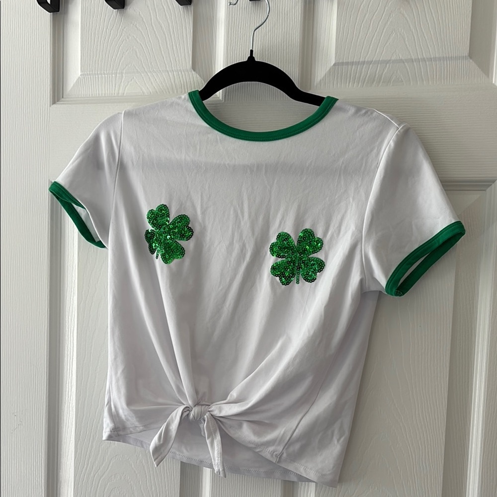 White T-Shirt with Green Shamrock Design